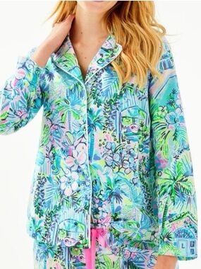 Lilly Pulitzer Lilly's House Long Sleeve Cotton Green Pajama Shirt Women XXS NWT